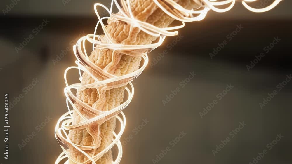 Aufkleber Luminous energy glowing along nerve fiber, visualizing neural activity and information transmission within intricate biological communication network