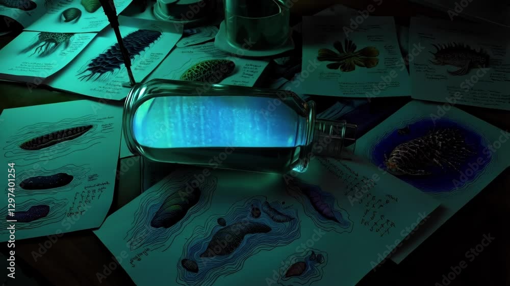 Poster Bioluminescent liquid gently swirls in a glass jar resting on a desk covered with scientific drawings of plants and microorganisms, creating a mesmerizing display of light and shadow
