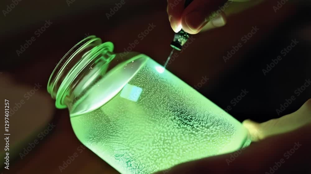 Poster laboratory technician uses a pipette to measure the bioluminescence of a mysterious green liquid ins