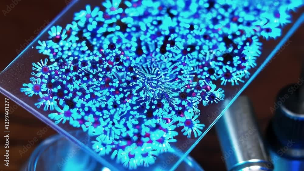 Poster microscopic view of a chemical reaction forming crystal structures, illuminated by blue light, poten