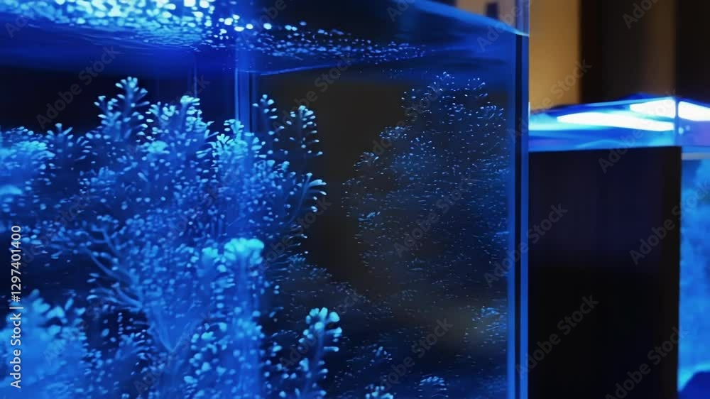Poster tiny air bubbles rise through a transparent, cube shaped aquarium, illuminating vibrant blue coral, 
