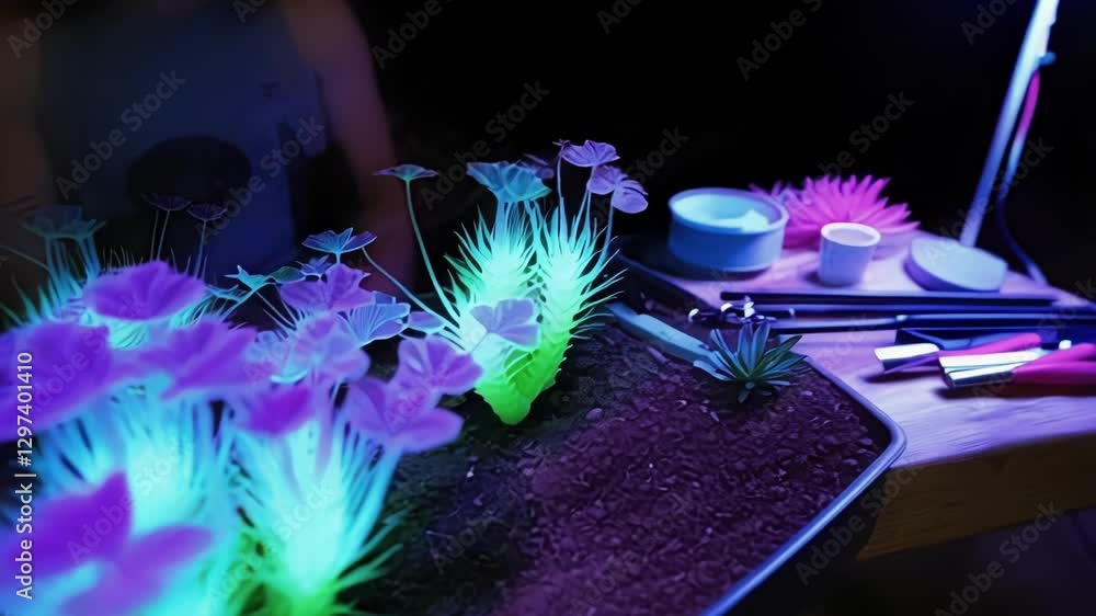 Poster Plastic plants with fluorescent properties are illuminated by an ultraviolet lamp in a dark environment, showcasing their vibrant colors and unique visual appeal