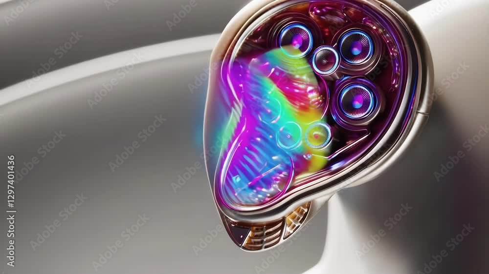Poster glowing energy progressively emanates from the transparent head of a futuristic robot, suggesting an