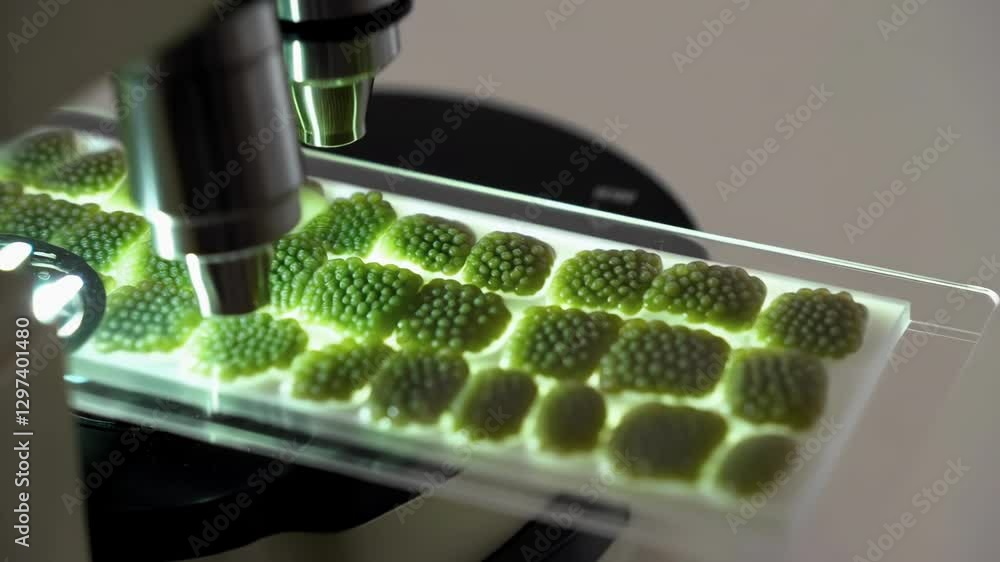 Poster Laboratory microscope analyzing green biological samples arranged on a glass slide, illuminated from below, creating a detailed view for scientific research
