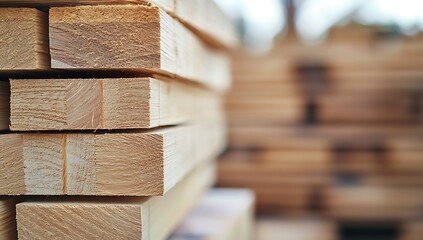 Obraz premium A close-up of a stacked pile of wooden planks, showcasing their natural texture. Blurred timber in the background highlights the beauty of carpentry and construction materials for home decor.