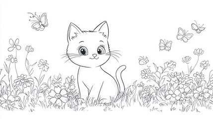 Obraz premium Cute cartoon kitten in a flower garden. Coloring book illustration. Possible use Children's book, coloring page