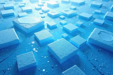 Icy blue geometric patterns on a frozen surface, crystalline structure, winter landscape