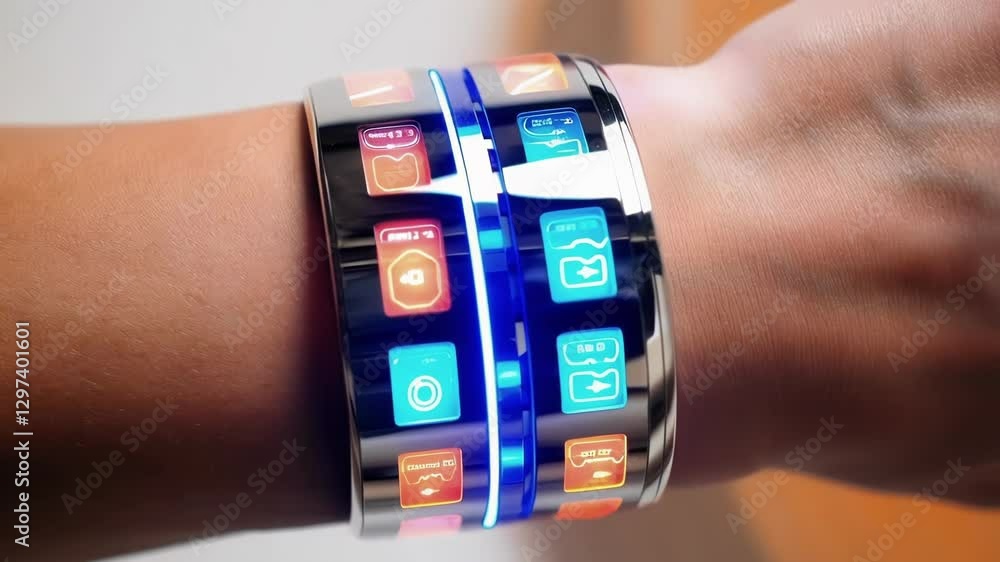 Aufkleber Advanced smartwatch displaying vibrant digital interface with glowing interactive icons, highlighting cutting edge wearable technology on human wrist