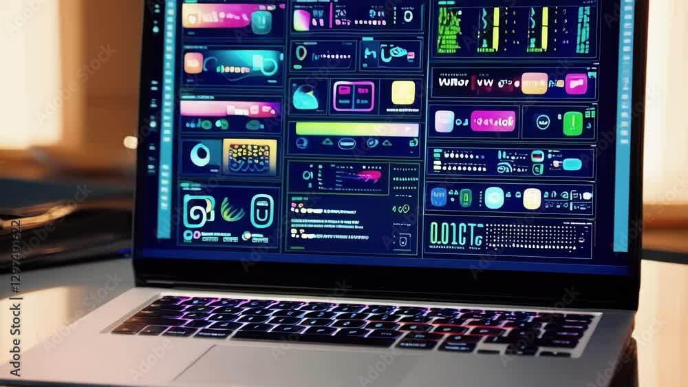 Fototapete Futuristic interface displaying changing data and information on a laptop screen, placed on a reflective desk in a dimly lit room, suggesting technological advancement and data analysis