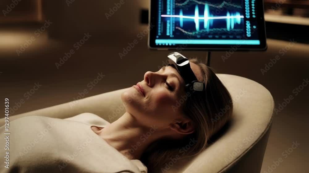 Poster Innovative technology monitors brainwave activity as a woman enjoys a relaxing session, promoting mental wellness and stress reduction in a tranquil setting