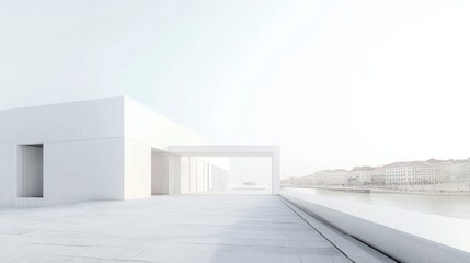 Obraz premium Modern white building overlooking river, architecture, empty terrace, urban background, photorealistic render, possible use for architecture magazines, or design portfolios