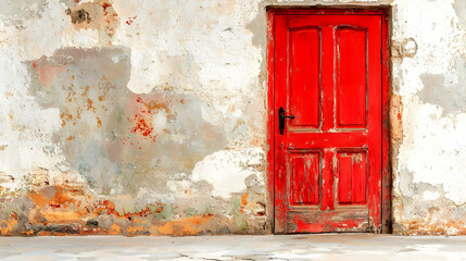 Naklejka premium Red door, old wall, weathered facade, rural setting, design texture