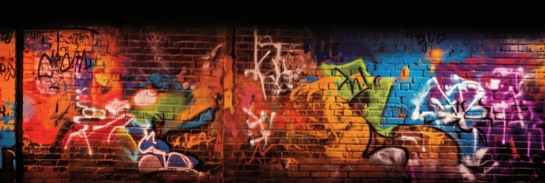 Graffiti artwork on a brick wall at night, colourful street art background use