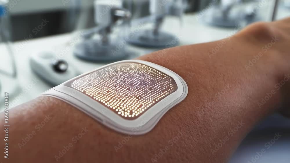 Poster Electronic smart bandage attached to patient's forearm transmitting medical data, illuminated micro leds displaying information in laboratory setting