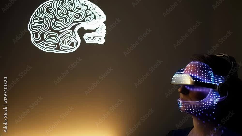 Aufkleber Augmented reality glasses projecting neural data visualization during advanced neurological research with woman wearing brain monitoring sensors for medical analysis