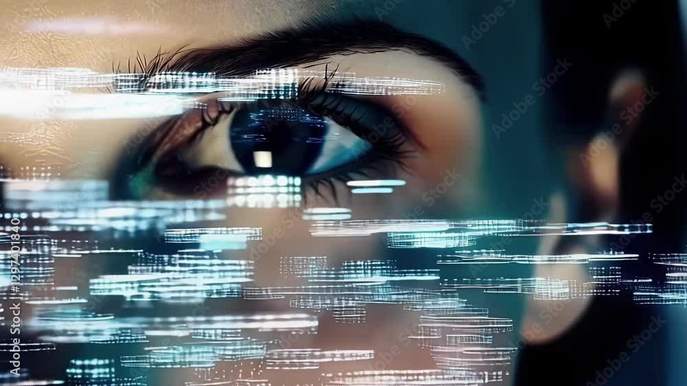 Poster digital information flows across a woman's eye as she interacts with an augmented reality interface,