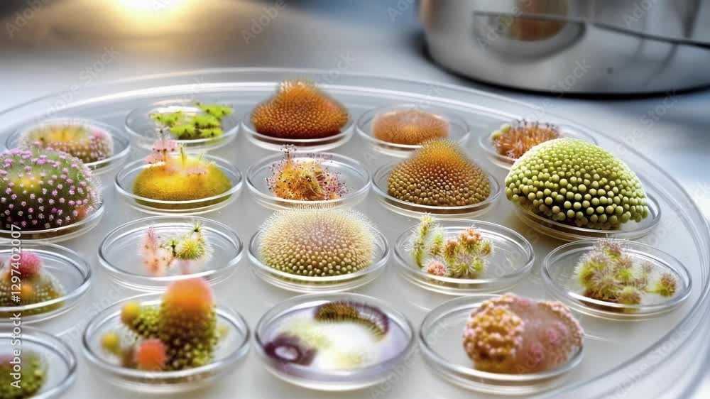 Poster Multiple petri dishes containing various colorful plant samples are rotating on a laboratory tray, suggesting scientific research or experimentation in botany or related fields