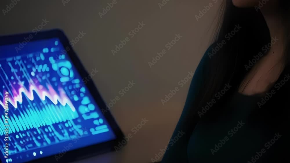 Poster Neurotechnology device capturing intricate brainwave signals, visualizing real time neural activity on digital tablet, revealing potential applications in mental wellness and medical research