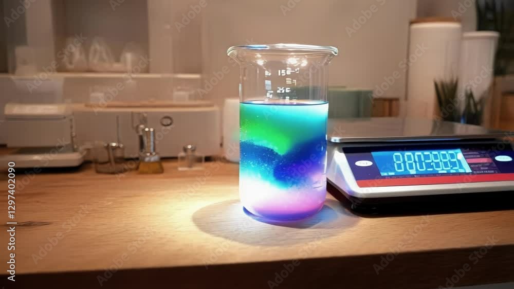 Fototapete Vibrant color gradient mixing within laboratory beaker while resting on precision scale, representing scientific experimental process