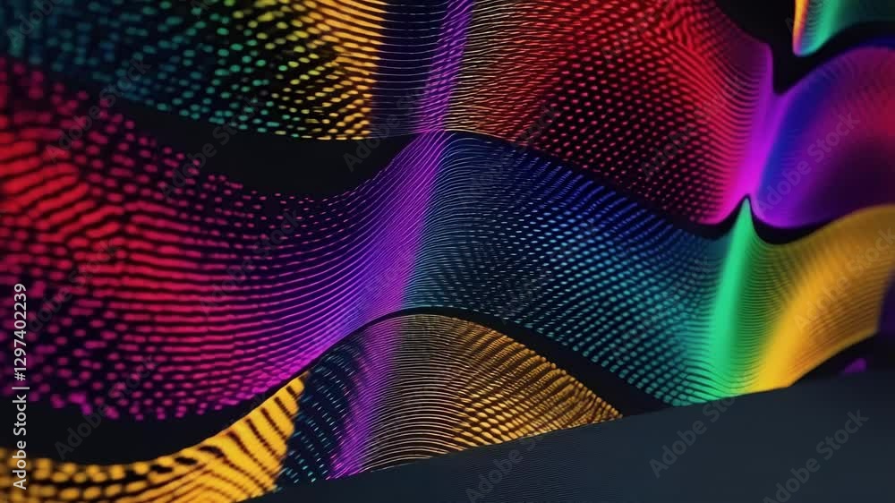 Leinwandbilder Digital particles generating vibrant, undulating waves, flowing dynamically across dark backdrop with mesmerizing color movement and seamless energy visualization