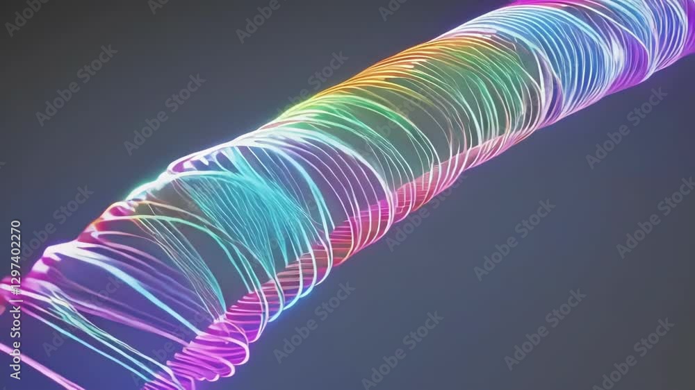 Poster Colorful light streaks forming a dna double helix structure are rotating and changing shape against a dark background, evoking concepts of genetics, biology, and scientific research