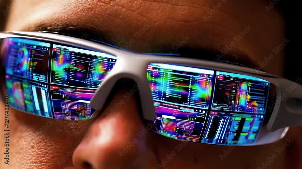 Poster close up of smart glasses reflecting complex medical data and charts, suggesting a doctor is analyzi
