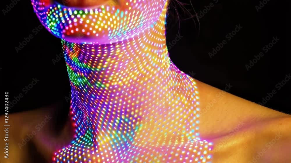 Aufkleber Rainbow colored lights projected on a woman's neck and face create a mesmerizing visual effect, blending technology and art in a unique display