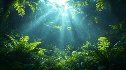 Obraz premium Sunlight filtering through lush rainforest canopy