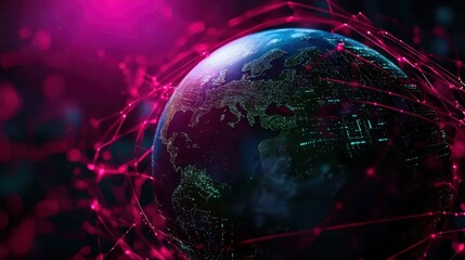 Obraz premium Abstract representation of Earth surrounded by digital connections and vibrant colors in a cosmic setting