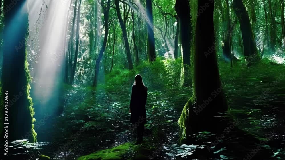 Poster sunlight filters through lush green canopy, illuminating a woman standing on a mossy rock amidst tow