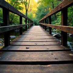 Obraz premium Old wooden bridge with weathered planks over a stream, planks, water