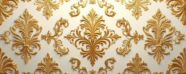 Opulent damask design with intricate gold and cream patterns, textured and luxurious feel, gold, texture