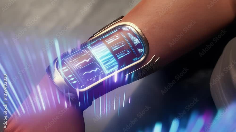 Poster Advanced wristwatch displaying comprehensive health metrics, emanating vibrant energy beams representing cutting edge wellness technology and biometric data visualization