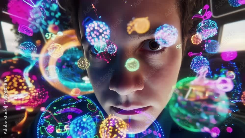 Aufkleber young male scientist wearing a lab coat explores a virtual reality interface, analyzing colorful 3d 