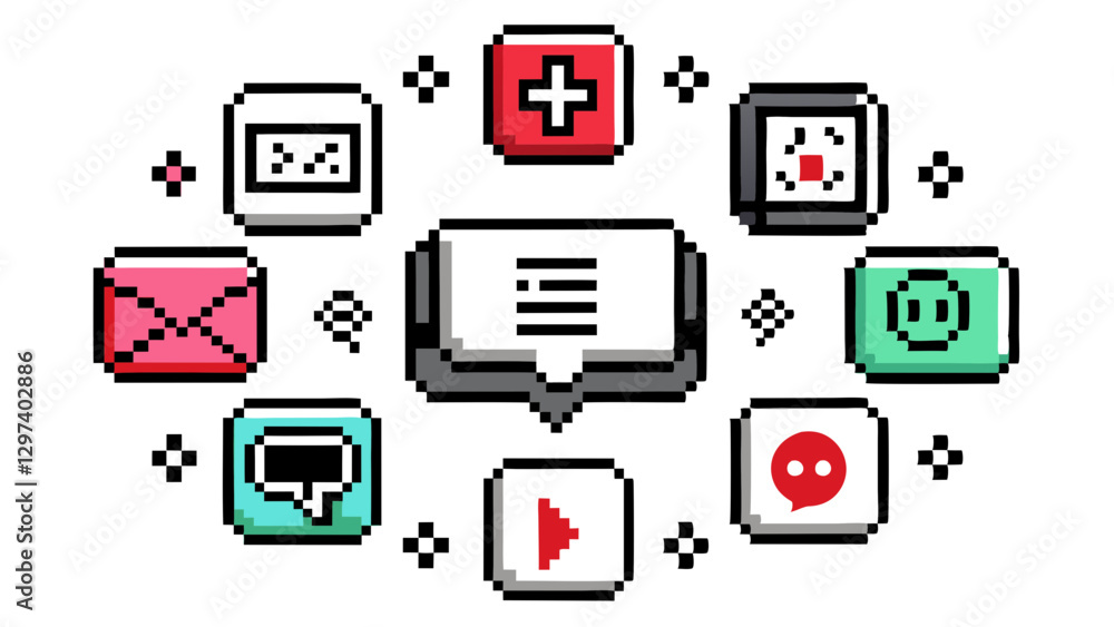 Aufkleber eight digital messaging icons with pixel inspired design for modern communication and technology web