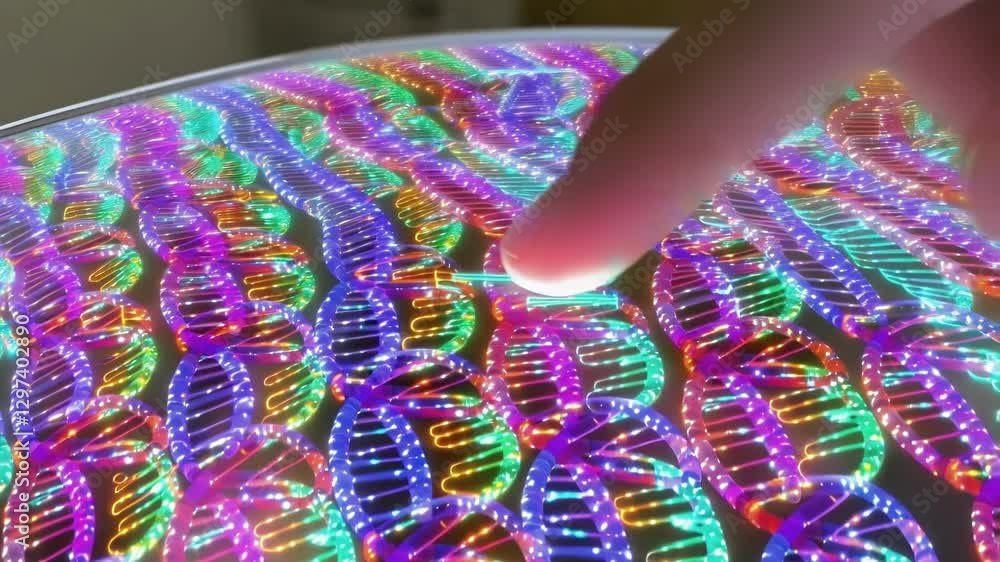 Aufkleber Scientist interacts with a futuristic touchscreen displaying a vibrant array of dna double helix structures, their finger navigating across the screen, illuminating the intricate genetic code