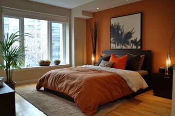 Fototapeta premium Cozy bedroom with warm lighting, plants, and a relaxed atmosphere during the evening hours