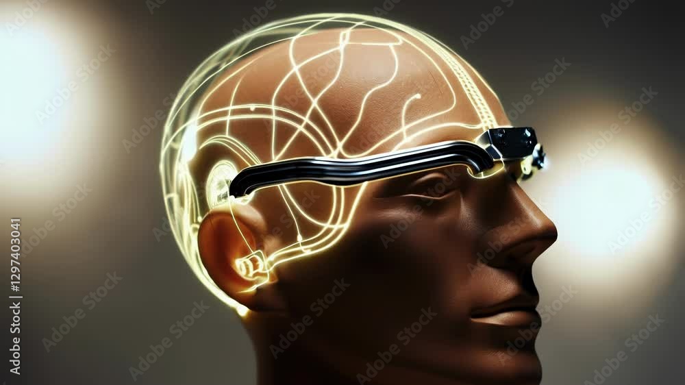 Poster Neural pathways glowing brightly on mannequin head, representing advanced brain computer interface technology with cutting edge visualization of neurological interactions