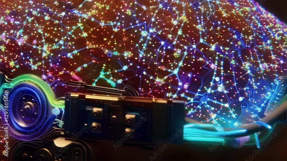 Poster Complex network of neural connections pulsating with vibrant electrical signals. Monitored by a futuristic device attached to the brain. Showcasing advanced technology in neuroscience and healthcare