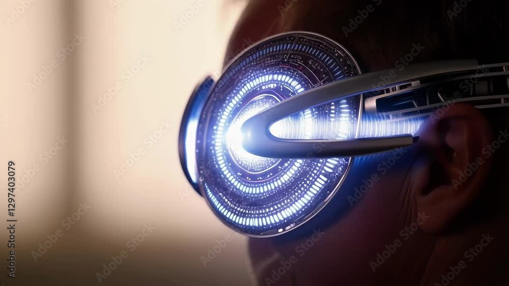Leinwandbilder close up of a scientist wearing futuristic goggles emitting a pulsating blue light, potentially indi