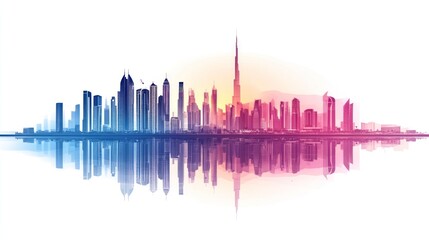 Obraz premium Dubai Skyline Reflection, vibrant colors, sunrise view, cityscape, horizontal format, stock photo