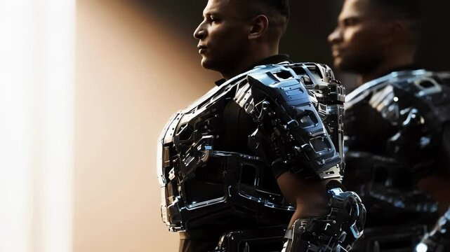 Futuristic military exoskeleton technology displaying enhanced strength, advanced mobility, and protective capabilities for next generation combat personnel
