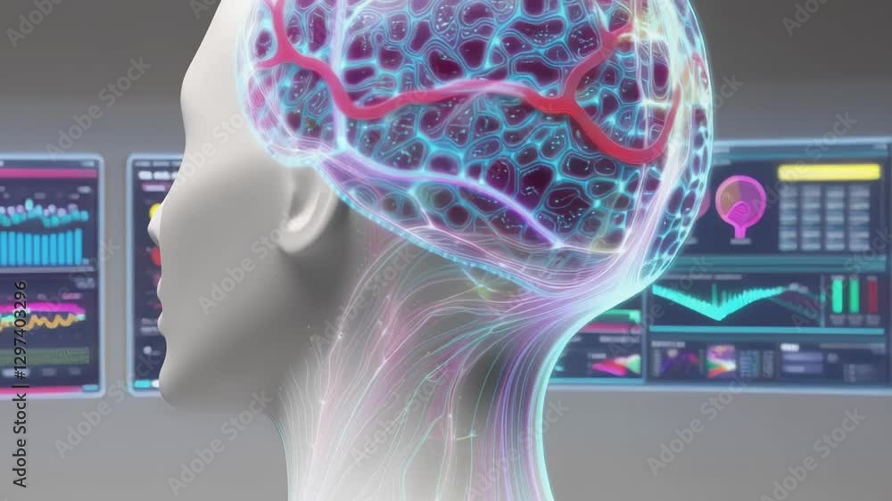 Poster white human head showing brain activity, neural connections and blood flow, with futuristic holograp