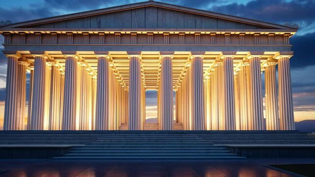 Majestic Ancient Temple Illuminated at Dusk, Architectural Grandeur