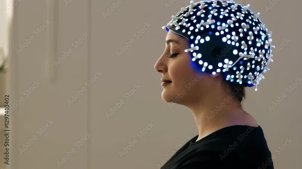 Poster neurofeedback therapy session involves a woman wearing a brainwave scanning headset with glowing nod