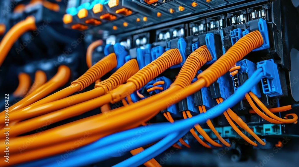 Poster colorful network cables and server equipment in a modern data center fiber optic and ethernet cables