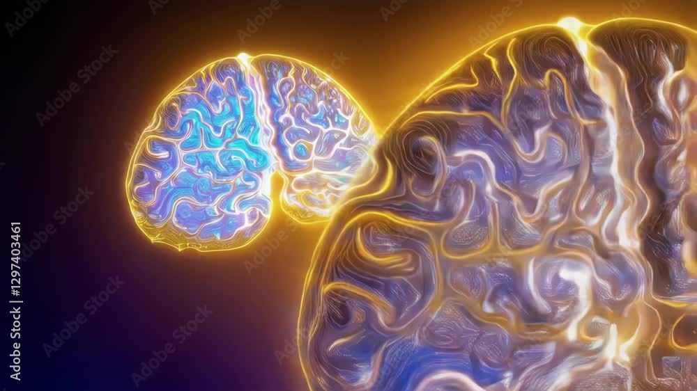 Poster Glowing neural network visualization rotating and transforming, forming intricate human brain structure against black backdrop, symbolizing neurological complexity