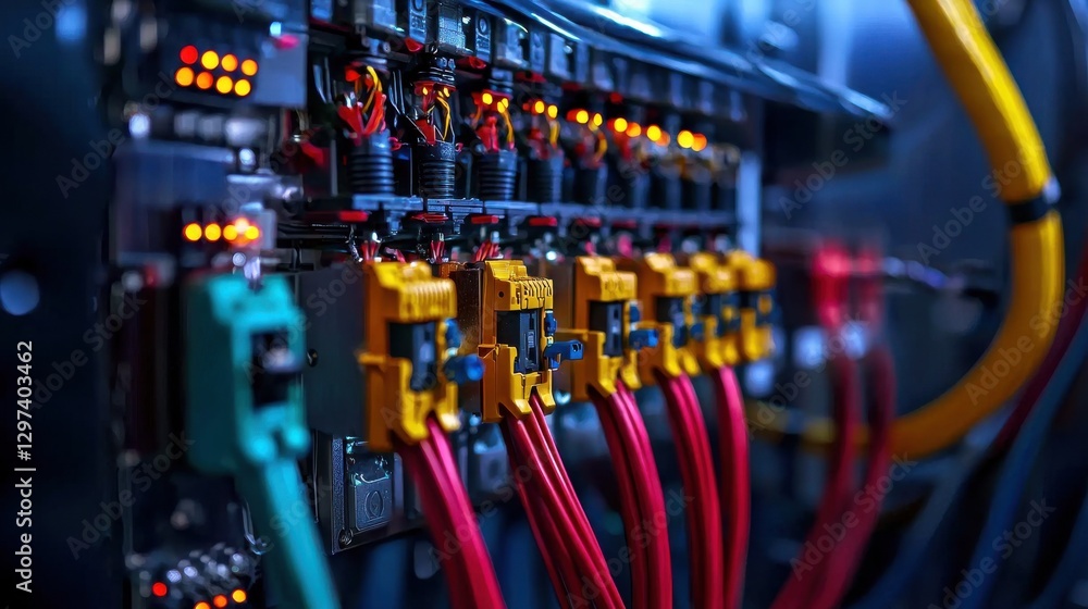 Poster detailed view of a sophisticated industrial control panel featuring a complex array of electronic ci
