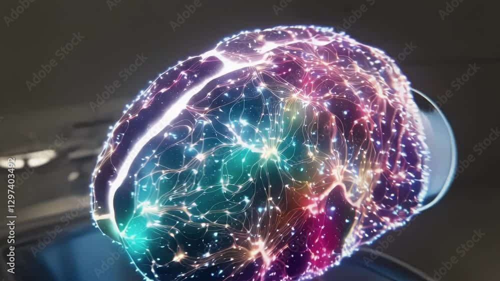 Poster Neural network of human brain glowing and rotating, revealing intricate connections within advanced scientific research laboratory environment highlighting medical neuroscience innovation