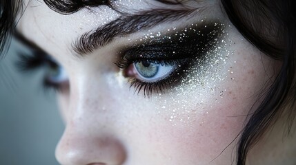 Fototapeta premium Vivid close-up of a model with striking blue and glitter eye makeup during a creative makeup session in a studio setting